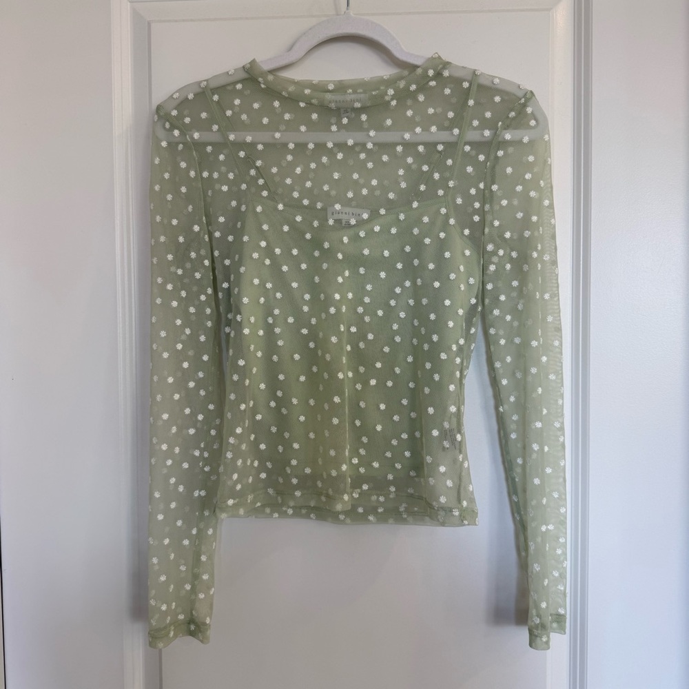 Gianni Bini Green Daisy Sheer Mock-neck Long Sleeve Top